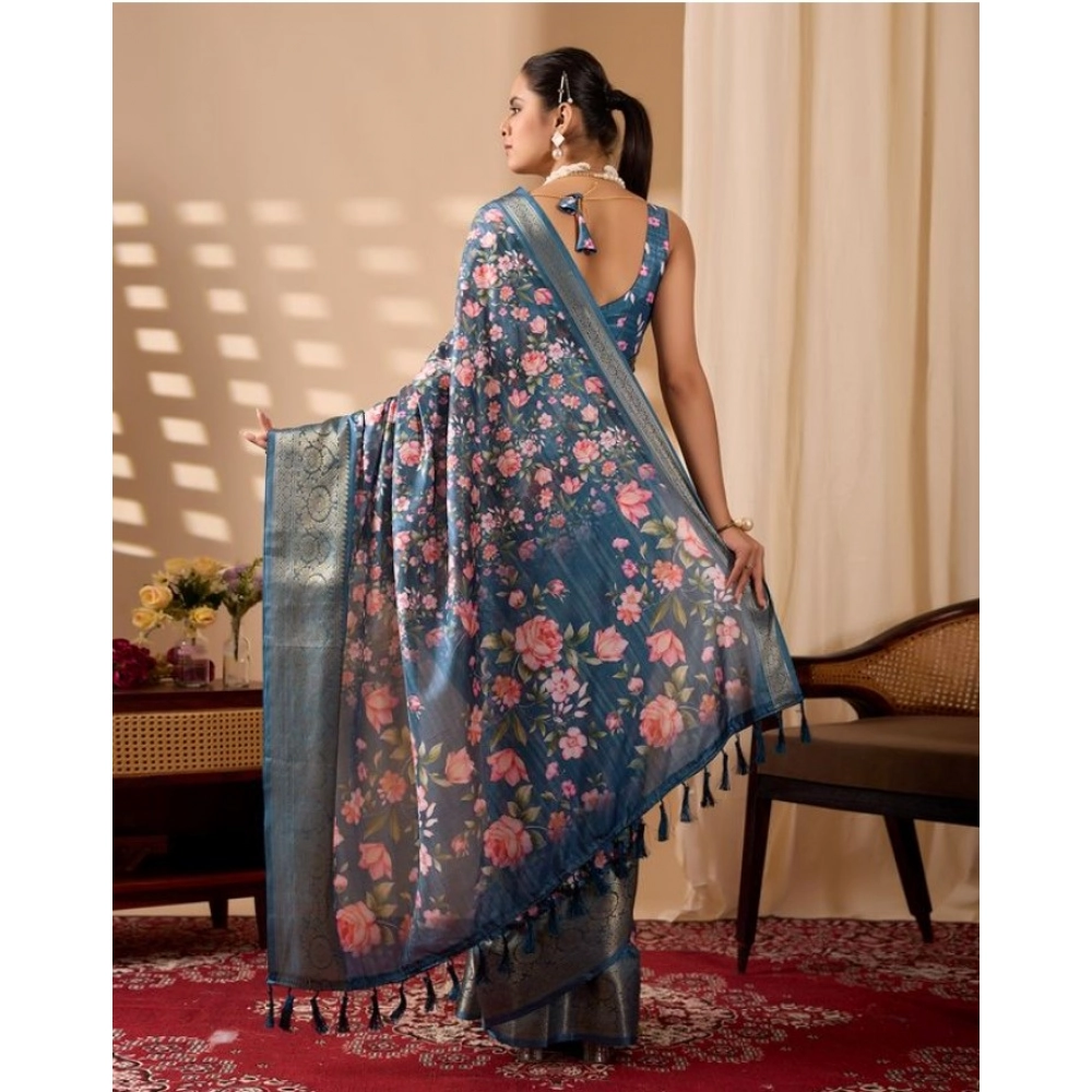 Generic Women's Faux_Silk Printed Saree With Unstitched Blouse 5.5Mtr (Blue)