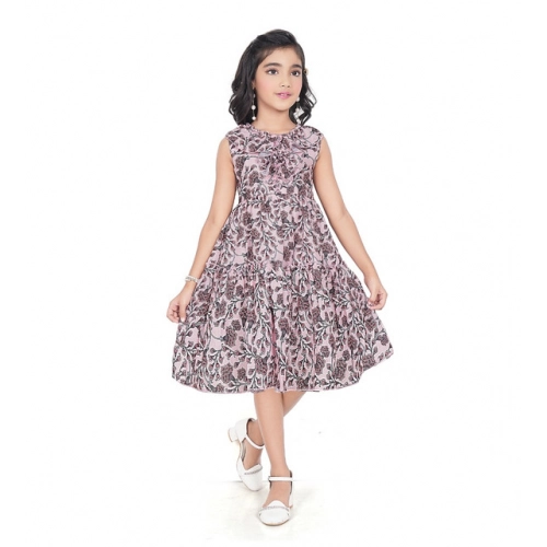 Generic Girl's Digital Slub Printed Sleeve Less Round Neck Dress (Brown)