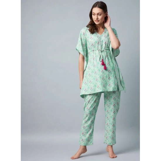 Generic Women's Rayon Floral Kaftan Sleeve Night Suit (Green - Pink) Generic Women's Rayon Floral Kaftan Sleeve Night Suit (Green - Pink)