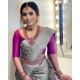Generic Women's Litchi silk Printed Saree With Unstitched Blouse (Grey)