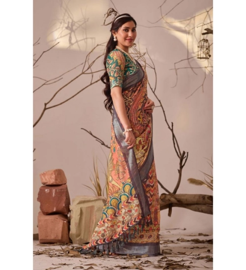 Generic Women's Faux_Linen Printed Saree With Unstitched Blouse 5.5Mtr (Orange)