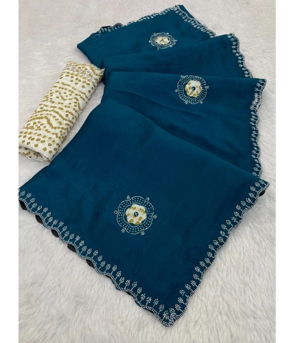 Generic Women's Chiffon Butti Dotted Saree With Unstitched Blouse 5.5Mtr (Blue)