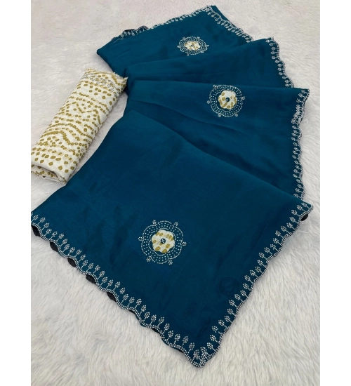 Generic Women's Chiffon Butti Dotted Saree With Unstitched Blouse 5.5Mtr (Blue)