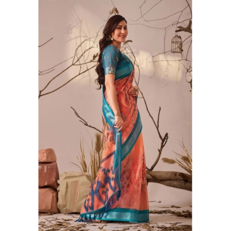 Generic Women's Faux_Linen Printed Saree With Unstitched Blouse 5.5Mtr (Peach) Generic Women's Faux_Linen Printed Saree With Unstitched Blouse 5.5Mtr (Peach)