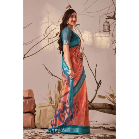 Generic Women's Faux_Linen Printed Saree With Unstitched Blouse 5.5Mtr (Peach)