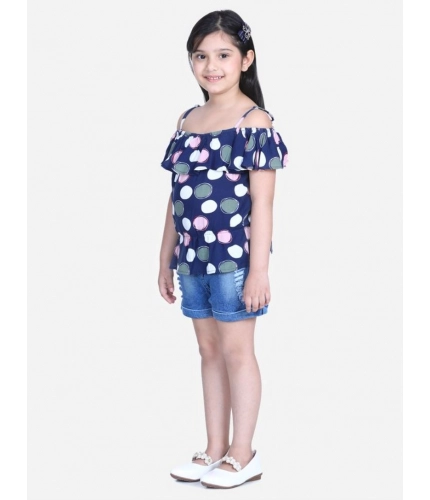 Generic Girl's Rayon Solid Cold Shoulder Top with Shorts (Navy Blue)