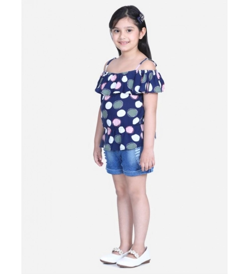 Generic Girl's Rayon Solid Cold Shoulder Top with Shorts (Navy Blue)