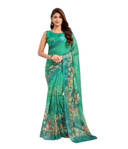Generic Women's Faux Linen Floral Ready to wear Saree With Unstitched Blouse 5.5Mtr (Green)