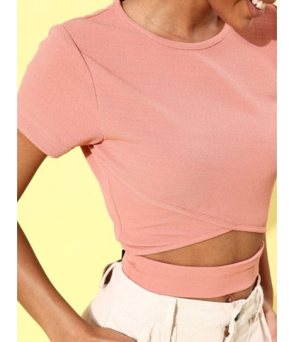 Generic Women's Polyester Lycra Solid Short Sleeve Top (Pink)