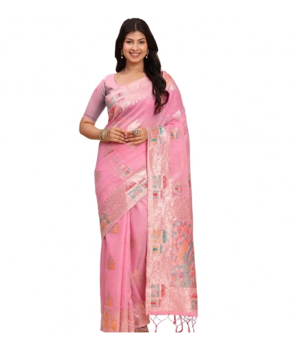 Generic Women's Linen Cotton Printed Saree With Unstitched Blouse 5.5Mtr (Pink)