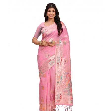 Generic Women's Linen Cotton Printed Saree With Unstitched Blouse 5.5Mtr (Pink)