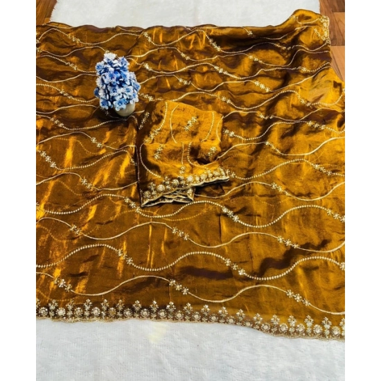 Generic Women's Slik Embellished Saree With Unstitched Blouse 5.5Mtr (Yellow)