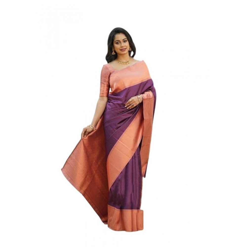 Generic Women's Soft Lichi Silk Printed Saree With Unstitched Blouse 5.5Mtr (Purple)