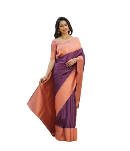 Generic Women's Soft Lichi Silk Printed Saree With Unstitched Blouse 5.5Mtr (Purple)