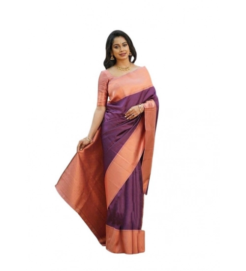 Generic Women's Soft Lichi Silk Printed Saree With Unstitched Blouse 5.5Mtr (Purple)