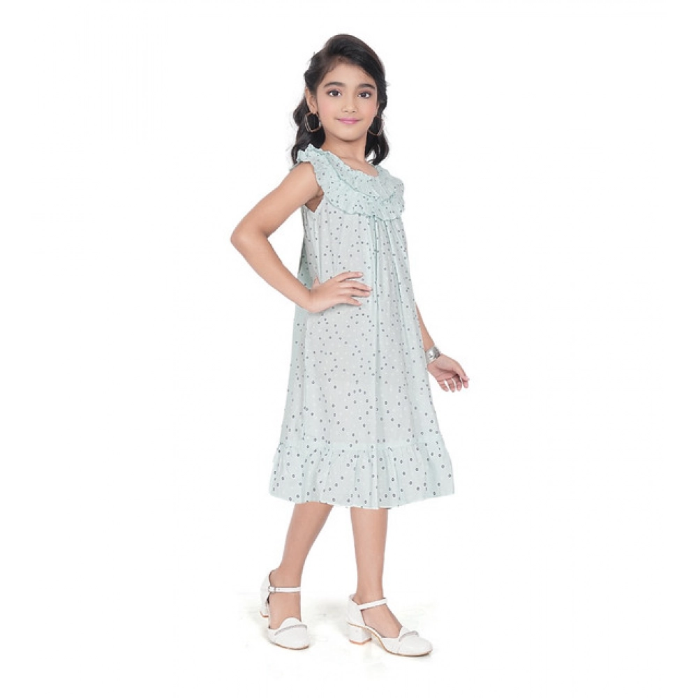 Generic Girl's Heavy Pc Printed Sleeve Less Round Neck Dress (Light Blue)