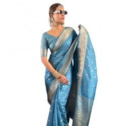 Generic Women's Satin Printed Saree With Unstitched Blouse 5.5Mtr (light Blue)