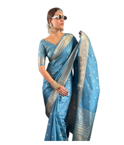 Generic Women's Satin Printed Saree With Unstitched Blouse 5.5Mtr (light Blue)