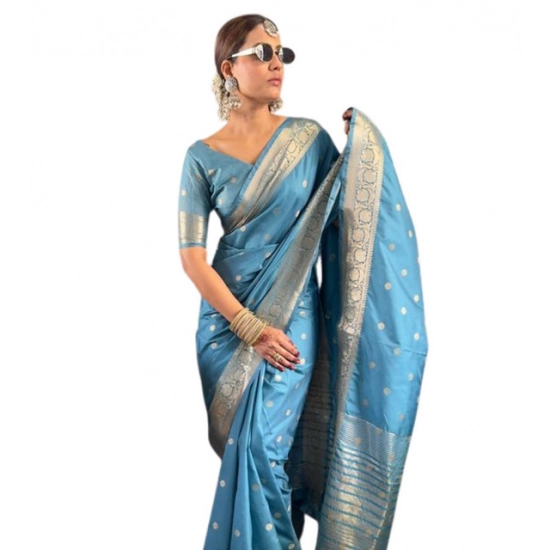 Generic Women's Satin Printed Saree With Unstitched Blouse 5.5Mtr (light Blue)