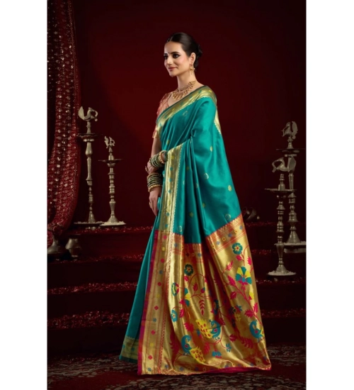 Generic Women's Silk Blend Woven Saree With Unstitched Blouse 5.5 Mtr (Aqua_Blue)