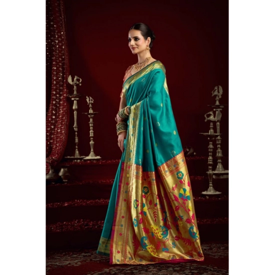 Generic Women's Silk Blend Woven Saree With Unstitched Blouse 5.5 Mtr (Aqua_Blue)