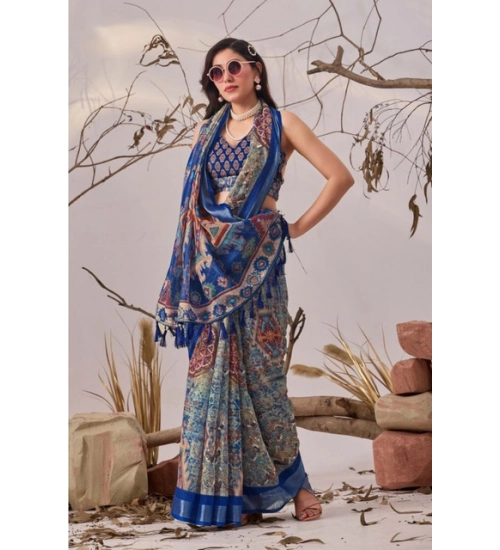 Generic Women's Faux_Linen Printed Saree With Unstitched Blouse 5.5Mtr (Navy_Blue)