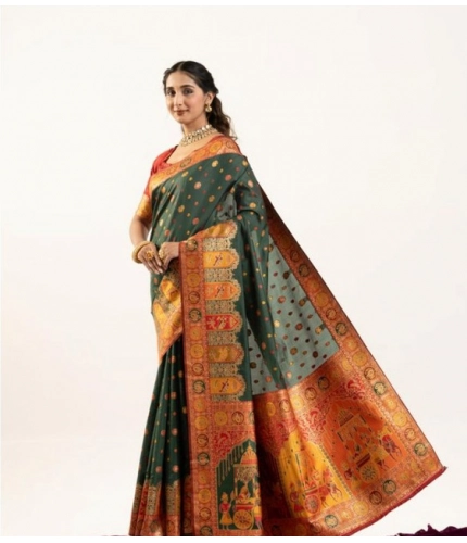 Generic Women's Faux_Banarasi Woven Motifs Saree With Unstitched Blouse 5.5Mtr (Dark_Green)