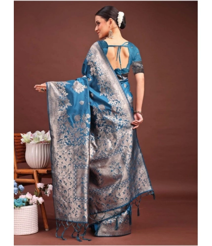 Generic Women's Banarasi Silk Printed Saree With Unstitched Blouse 5.5Mtr (Teal Blue)
