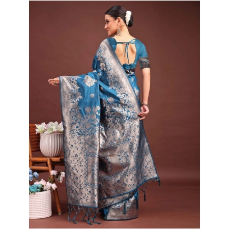 Generic Women's Banarasi Silk Printed Saree With Unstitched Blouse 5.5Mtr (Teal Blue)
