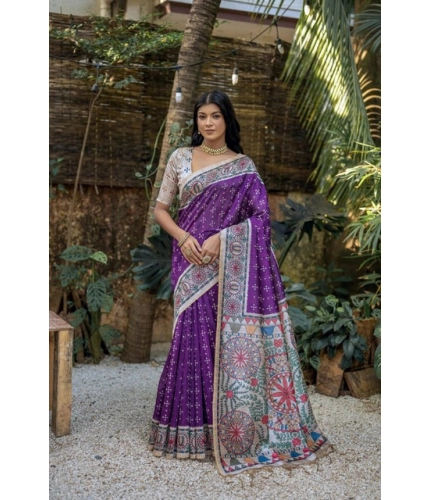 Generic Women's Faux_Tussar Geometric_Print Saree With Unstitched Blouse 5.5Mtr (Purple)