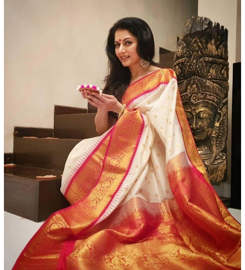 Generic Women's Soft Litchi Silk Jacquard Work Saree With Unstitched Blouse 5.5Mtr (White)