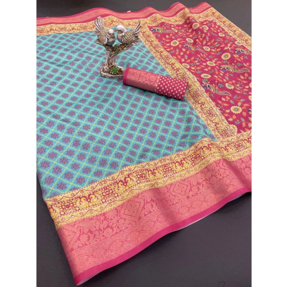 Generic Women's Soft Dola Cotton Printed Saree With Unstitched Blouse 5.5Mtr (Sky Blue)