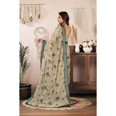 Generic Women's Linen Cotton Printed Ready To Wear Saree With Unstitched Blouse 5.5 Mtr (Light_Beige)