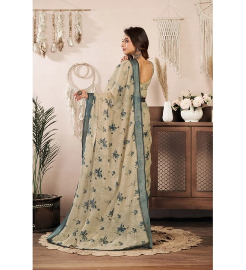 Generic Women's Linen Cotton Printed Ready To Wear Saree With Unstitched Blouse 5.5 Mtr (Light_Beige)