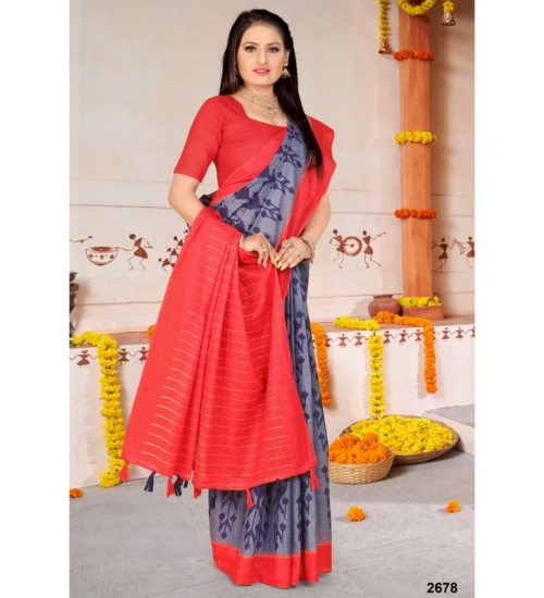 Generic Women's Soft Pure Cotton Printed Saree With Unstitched Blouse 5.5Mtr (Purple)