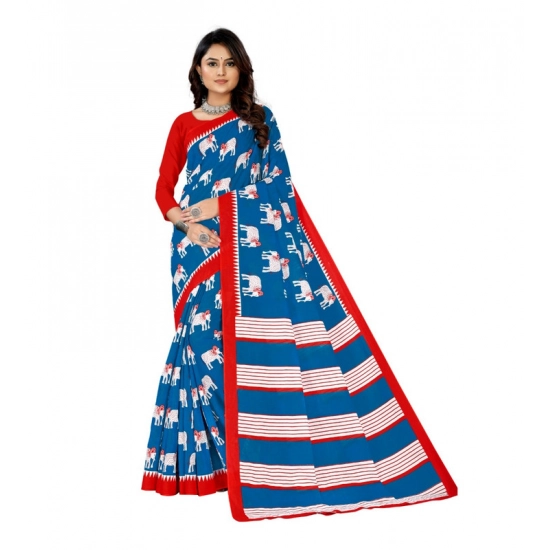Generic Women's Soft Pure Cotton Printed Saree With Unstitched Blouse 5.5Mtr (Blue)