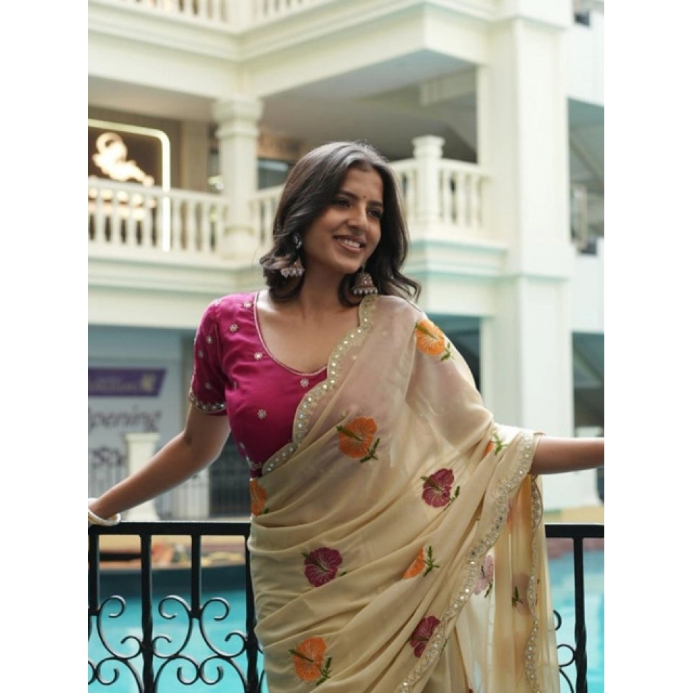 Generic Women's Georgette Embellished Saree With Unstitched Blouse 5.5Mtr�(Cream-Pink)