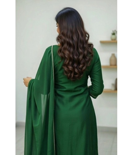 Generic Women's Georgette Ethnic Motif Round 3/4th Sleeve Kurti With Pant Dupatta Set (Green)