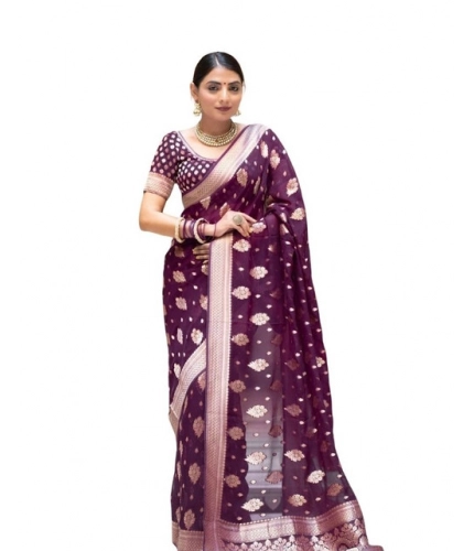 Generic Women's Soft Lichi Silk Printed Saree With Unstitched Blouse 5.5Mtr (Purple)