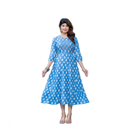Generic Women's Rayon Print With Embroidery Work A-Line Kurti (Sky Blue)