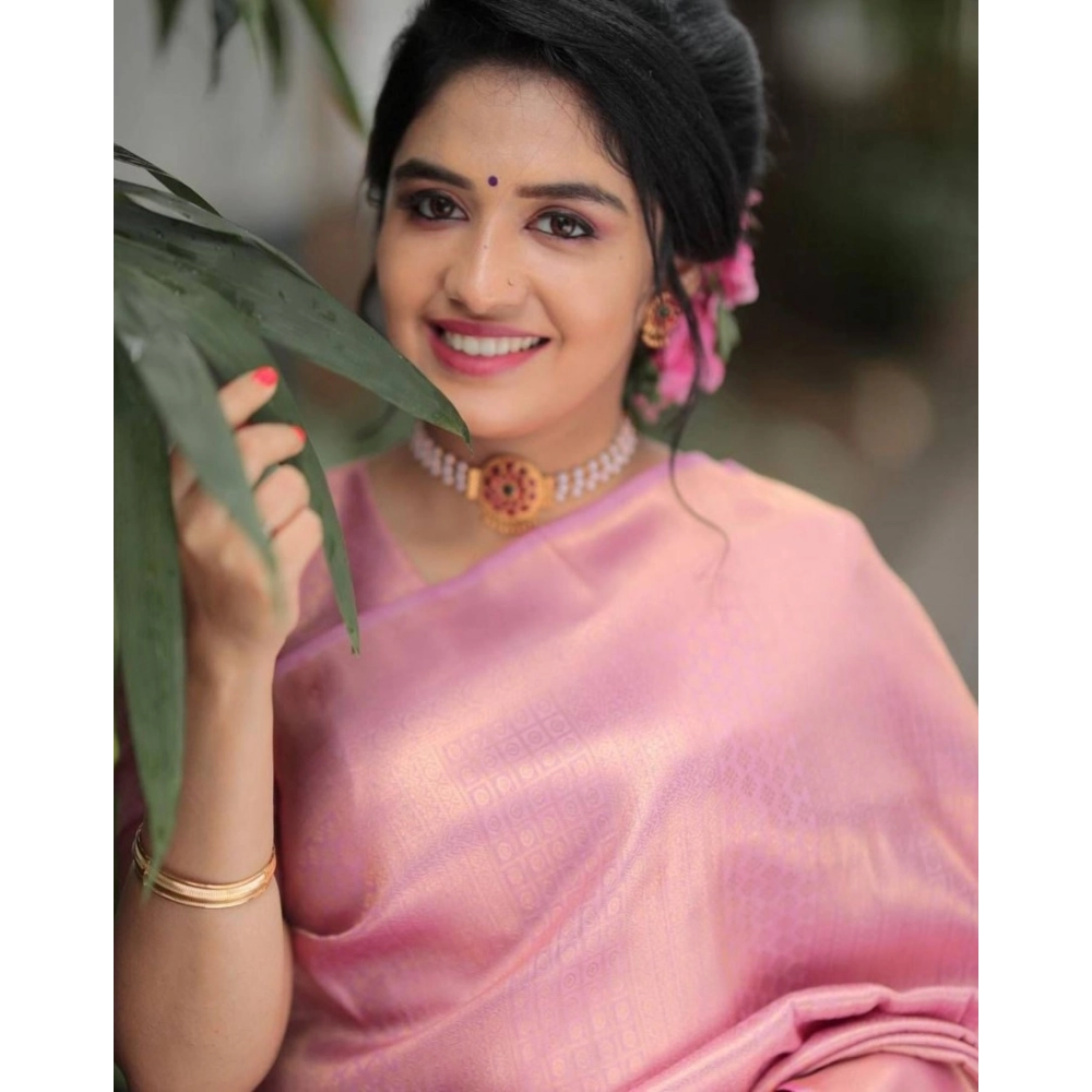 Generic Women's Soft Litchi Silk Jacquard Work Saree With Unstitched Blouse 5.5Mtr (Pink)