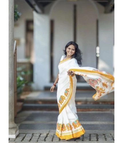 Generic Women's Linen Printed Saree With Unstitched Blouse 5.5Mtr (White)