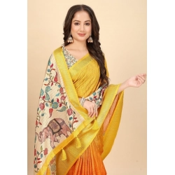 Generic Women's Cotton Blend Floral Printed Saree With Unstitched Blouse 5.5Mtr (Lemon Yellow)
