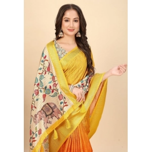 Generic Women's Cotton Blend Floral Printed Saree With Unstitched Blouse 5.5Mtr (Lemon Yellow)