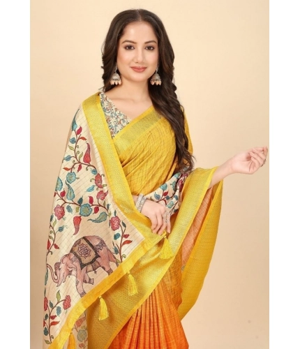 Generic Women's Cotton Blend Floral Printed Saree With Unstitched Blouse 5.5Mtr (Lemon Yellow)