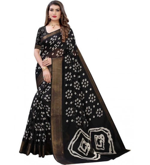 Generic Women's Cotton Silk Bandhni Saree With Unstitched Blouse 5.5Mtr (Black)
