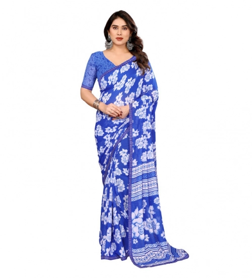 Generic Women's Georgette Printed Saree With Unstitched Blouse 5.5Mtr (Blue)