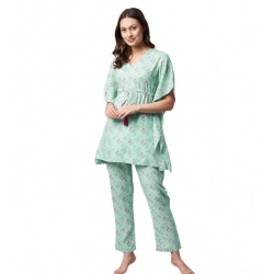Generic Women's Rayon Floral Kaftan Sleeve Night Suit (Green - Pink)
