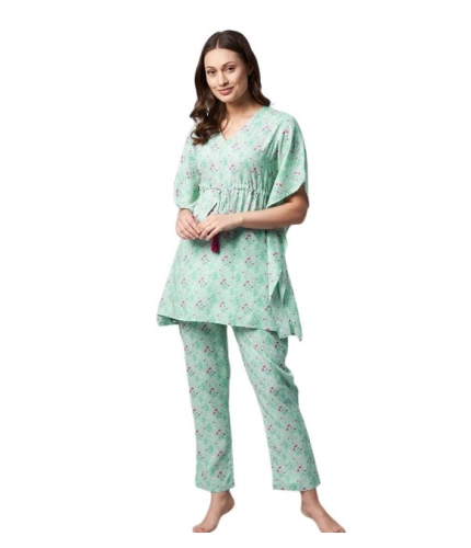 Generic Women's Rayon Floral Kaftan Sleeve Night Suit (Green - Pink)