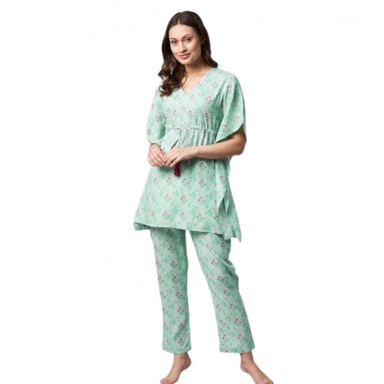 Generic Women's Rayon Floral Kaftan Sleeve Night Suit (Green - Pink) Generic Women's Rayon Floral Kaftan Sleeve Night Suit (Green - Pink)